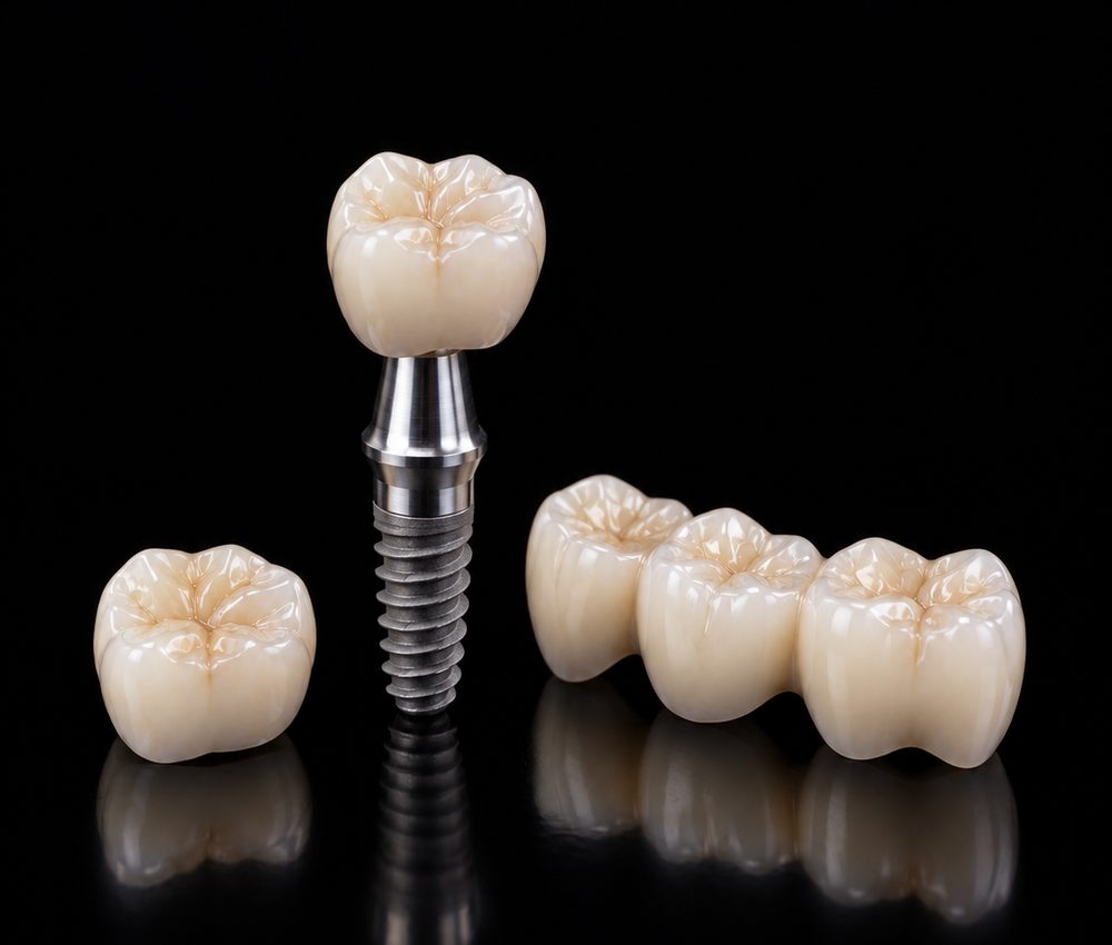 Ceramic crowns, a dental implant and a bridge arranged together, showing components that may be used in full mouth rehabilitation
