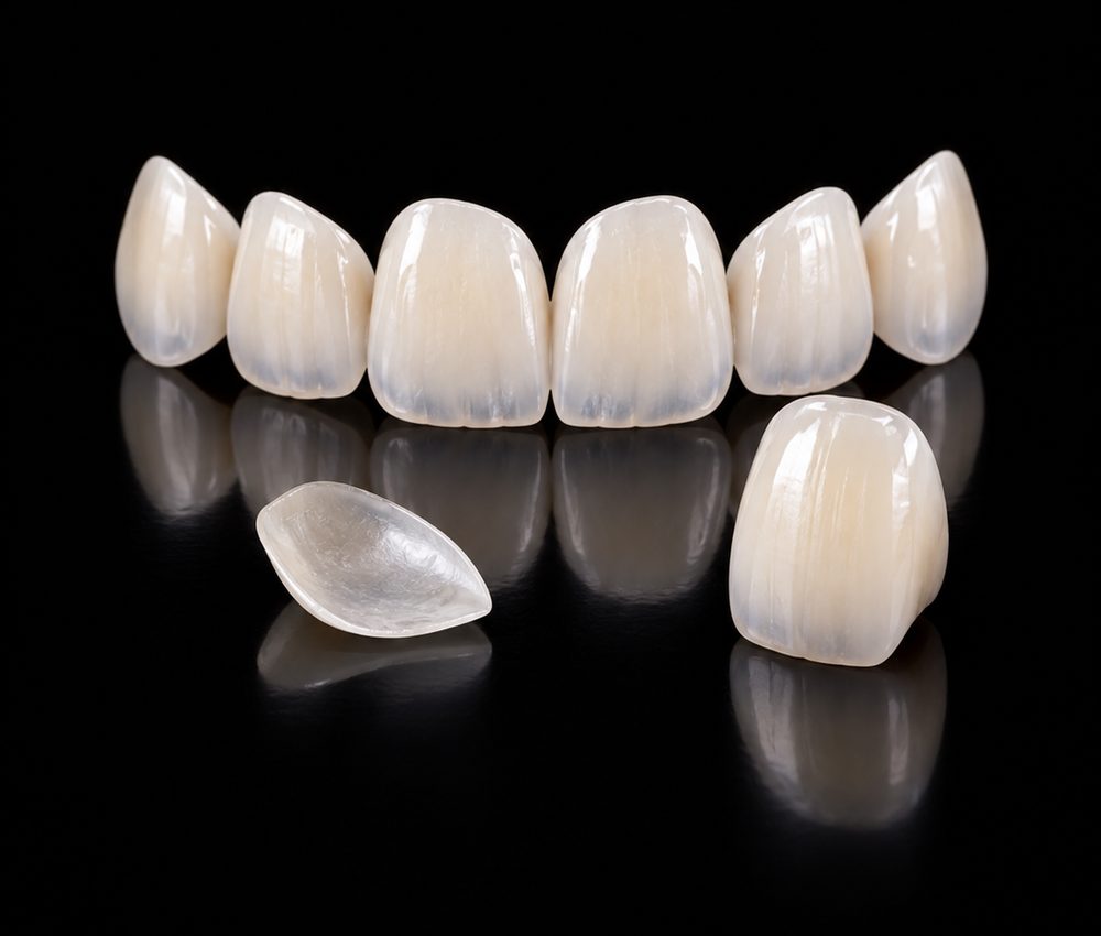 A set of thin porcelain veneers standing upright, with one turned over to show the shell-like inner surface